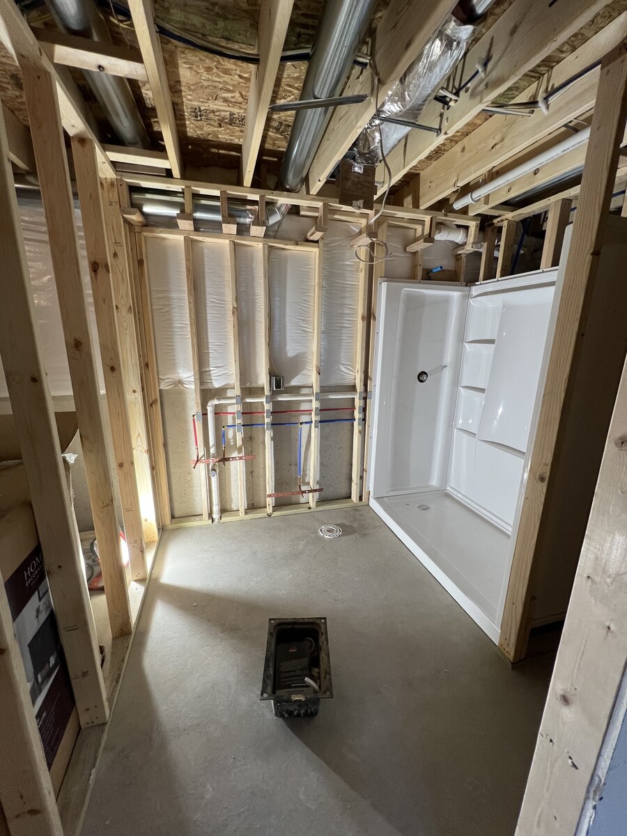 Bathroom rough-in with new shower pan and PEX supply lines